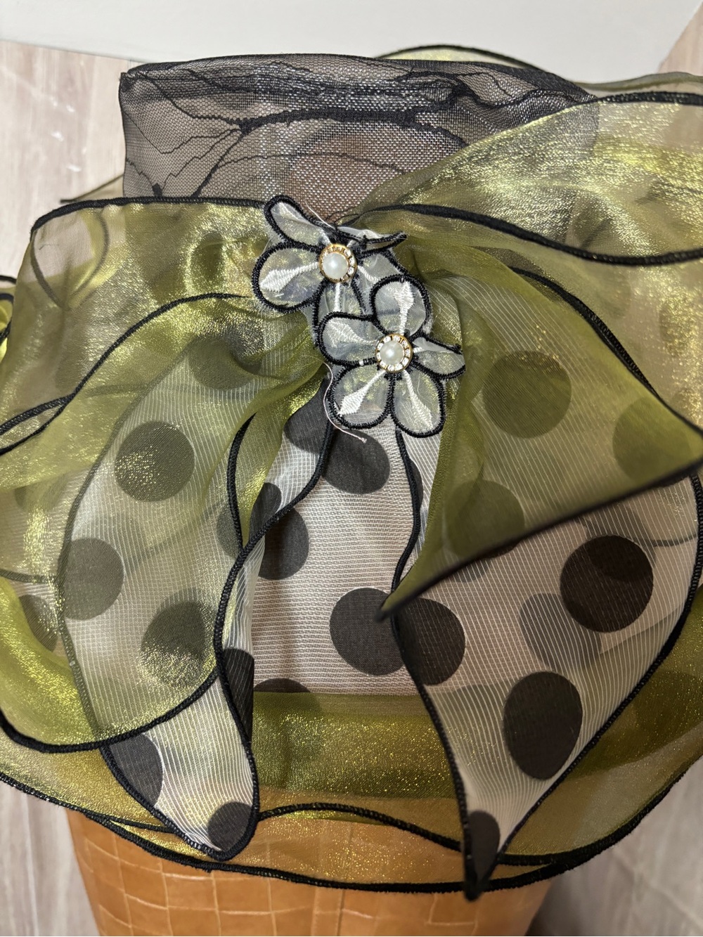 Elegant Olive Green and Black White Polka Dot Organza Derby Wide-Brim Hat - Picture 8 of 12